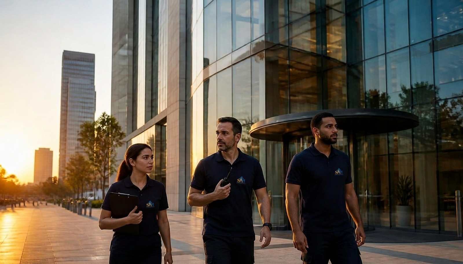 צוות תפעול מתקנים מול מגדל משרדים מודרני בישראל