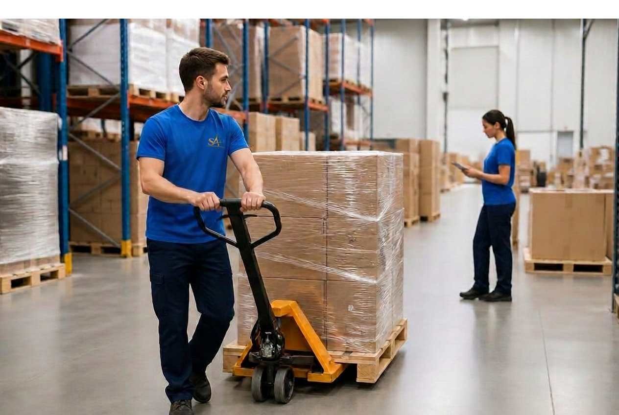 SAH warehouse support personnel in branded uniforms handling pallets