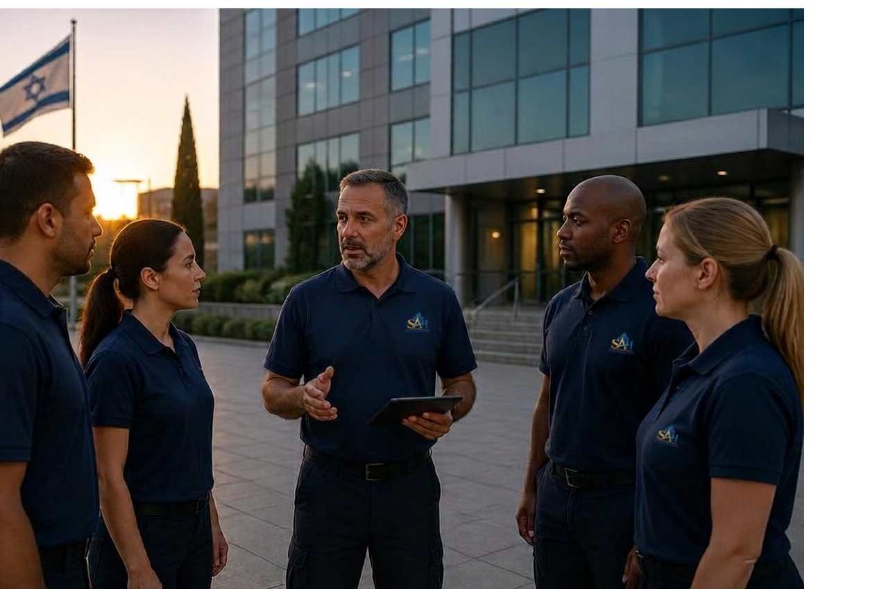 SAH facility service personnel in branded uniforms in a building lobby